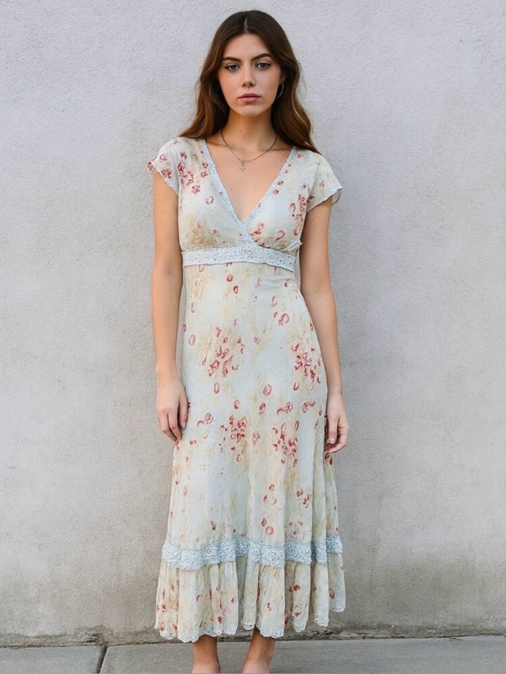Vintage Floral Dress Y2K 90s Romantic Maxi Flowy Bias Cut Rachel from Friends
